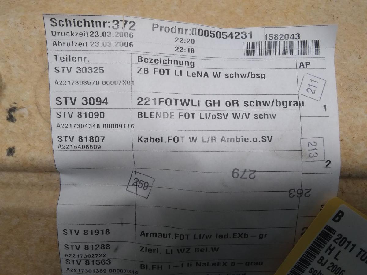 Mercedes S-Klasse W221 original Türverkleidung hinten links Leder grau BJ2006