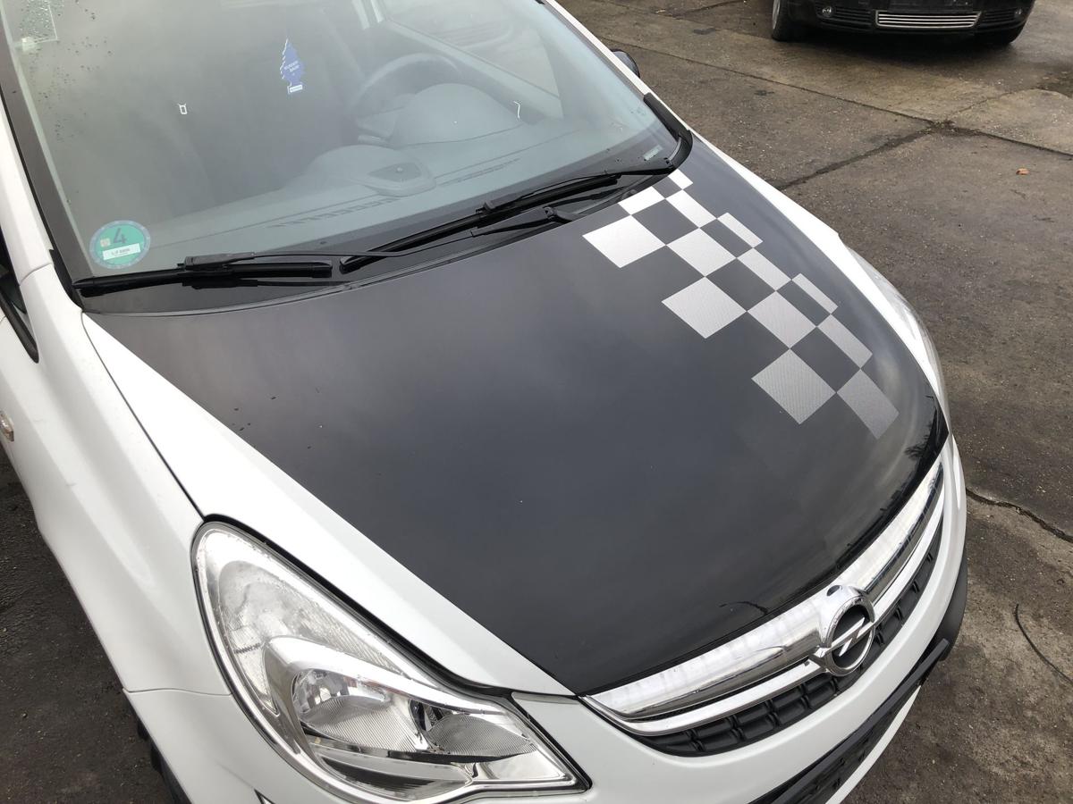 Opel Corsa D 06-14 Motorhaube Bonnet Deckel vorn Haube Casablancaweiss beklebt