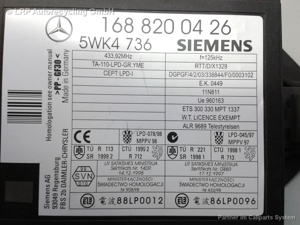 Steuergeraet Verrieg 1688200426 Mercedes-Benz A140-A210,Norm.+Lang BJ: 2000