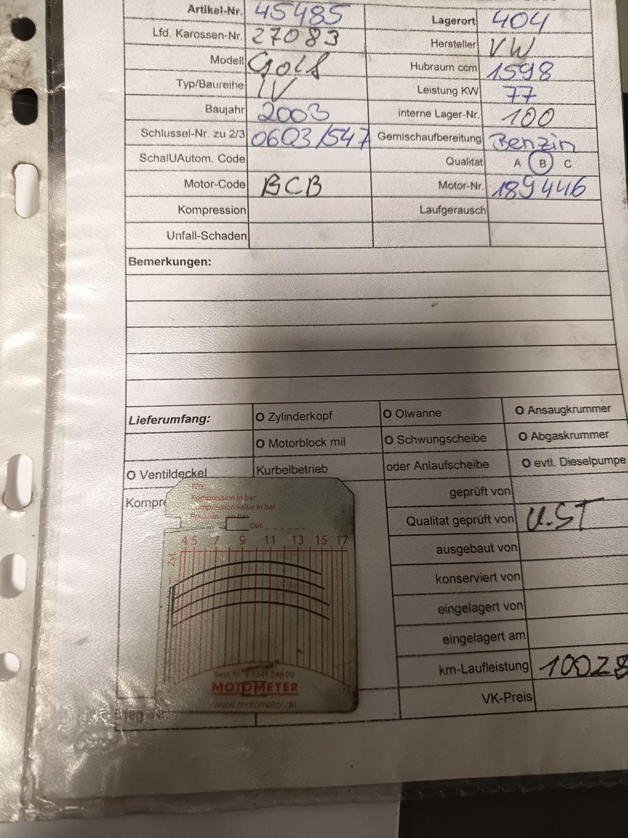 VW Golf IV orig Motor BCB 1,6l 77KW Benzin mit Kompressionstest Bj 2003