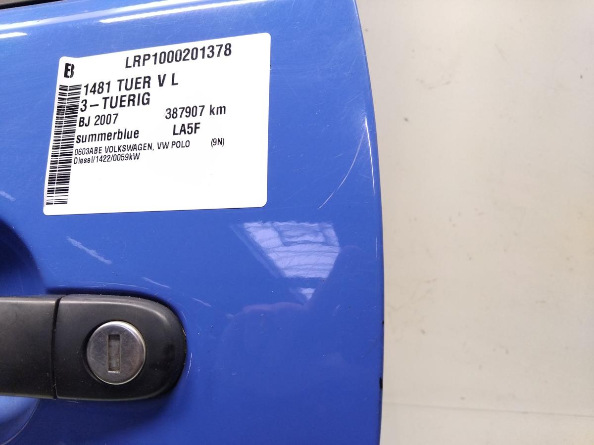 VW Polo 9N3 T&uuml;r vorn links Fahrert&uuml;r 3-T&uuml;rer summerblue LA5F Bj.2009